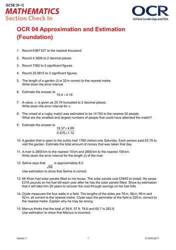 OCR Maths: Foundation GCSE - Section Check In Test 4 Approximation and estimation