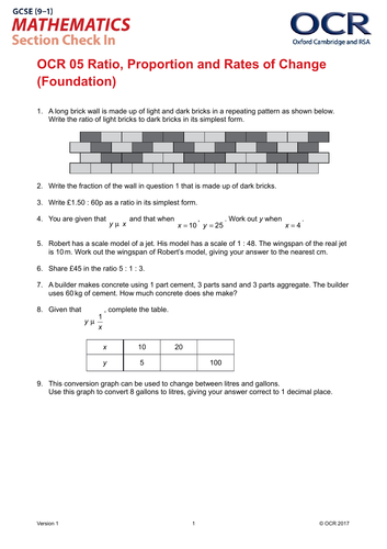 OCR Maths: Foundation GCSE - Section Check In Test 5 Ratio, proportion and rates of change