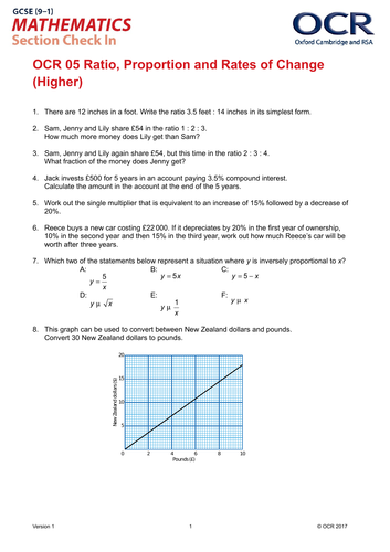 OCR Maths: Higher GCSE - Section Check In Test 5 Ratio, proportion and rates of change