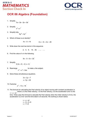 Ocr Maths Foundation Gcse Section Check In Test 6 Algebra Teaching Resources