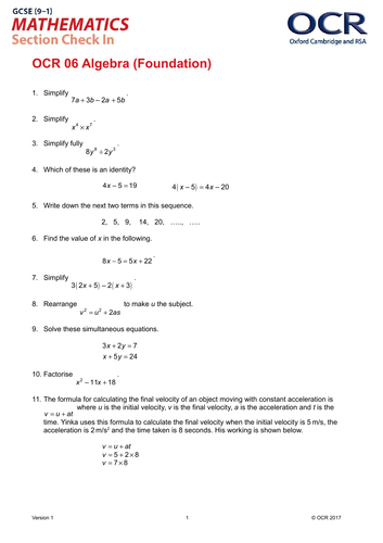 OCR Maths: Foundation GCSE - Section Check In Test 6 Algebra