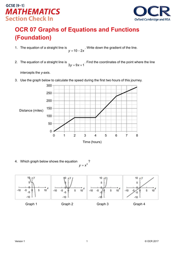 Ocr Maths Foundation Gcse Section Check In Test 7 Graphs Of Equations And Functions 1612