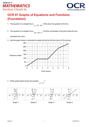 OCR Maths: Foundation GCSE - Section Check In Test 7 Graphs of equations and functions