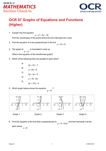 Ocr Maths Higher Gcse Section Check In Test 7 Graphs Of Equations And Functions Teaching Resources