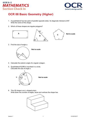 OCR Maths: Higher GCSE - Section Check In Test 8 Basic geometry ...