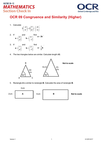 OCR Maths: Higher GCSE - Section Check In Test 9 Congruence and similarity