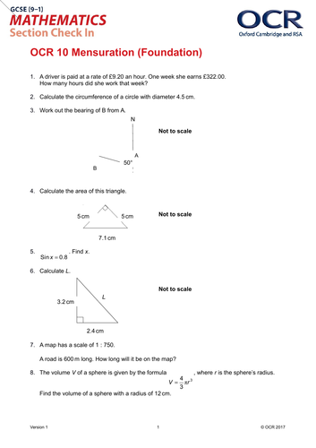 OCR Maths: Foundation GCSE - Section Check In Test 10 Mensuration
