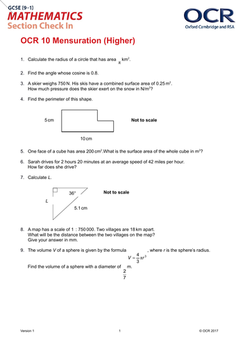 OCR Maths: Higher GCSE - Section Check In Test 10 Mensuration