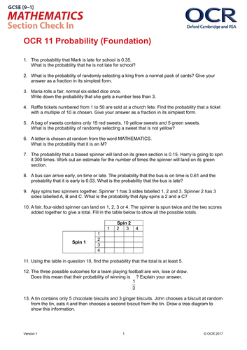 OCR Maths: Foundation GCSE - Section Check In Test 11 Probability