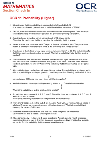 OCR Maths: Higher GCSE - Section Check In Test 11 Probability
