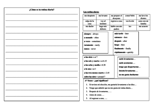 Spanish GCSE daily routine:  writing mat with key vocabulary & Grade 8 language la rutina diaria