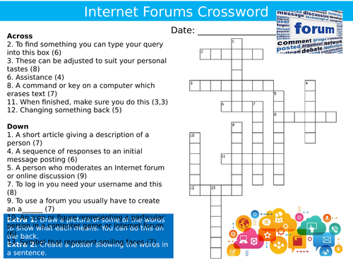 Internet Forums Crossword ICT Computing Starter Activity Keywords KS3 GCSE Cover Homework