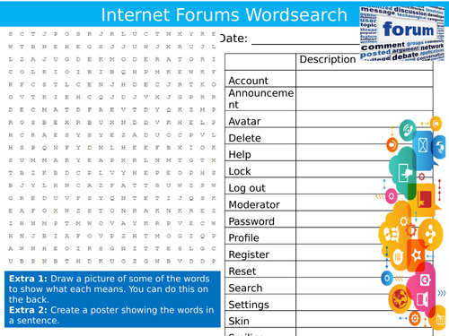 5 x Internet Forums Starter Activities ICT Computing Keywords KS3 GCSE Wordsearch Crossword