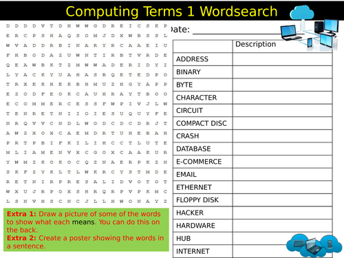 6 x Computing Key Terms Starter Activities ICT Keywords KS3 GCSE Wordsearch Crossword