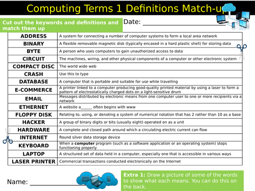 Computing Terms  Definitions Matchup ICT Starter Activity Keywords KS3 GCSE Cover Homework