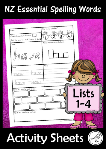 New Zealand Essential Spelling Words – Activity Sheets for Lists 1-4