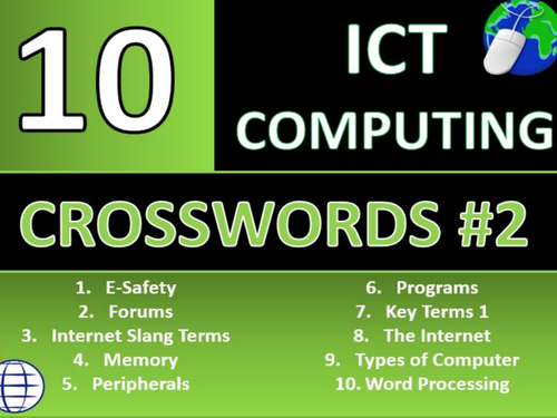 10 x Crosswords #2 ICT Computing GCSE or KS3 Keyword Starters Homework Activity or Cover Lesson