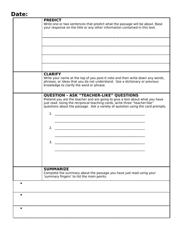 Reciprocal Reading Response Sheet