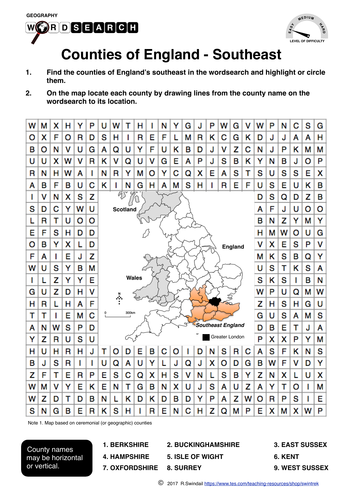 Counties of England:  the Southeast - word search and map exercise