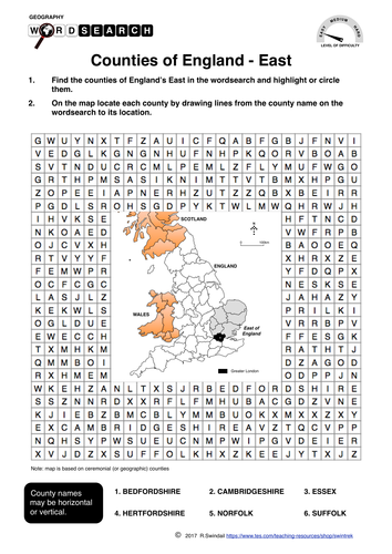 Counties of England: the East - word search and mapping exercise