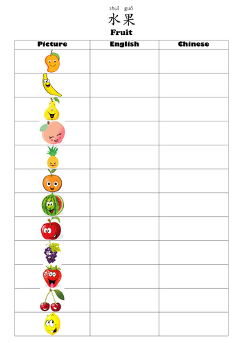 Fruit worksheets in Mandarin Chinese