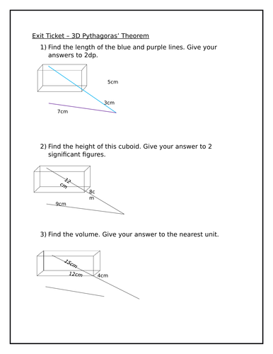 Exit Ticket - 3D Pythagoras' Theorem