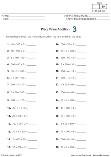 Maths Worksheet - Place Value Addition 3