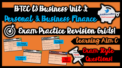 BTEC L3 Business: Unit 3 - Learning Aims C, D, E & F (Business Finance) Exam Revision Grid Sheets!