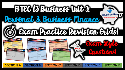 BTEC L3 Business: Unit 3 - Learning Aims A, B, C, D, E & F - ALL AIMS! - Exam Revision Grid Sheets!