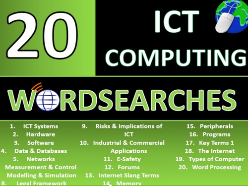 20 x Wordsearches ICT Computing GCSE or KS3 Keyword Starters Wordsearch Activity or Cover Lesson