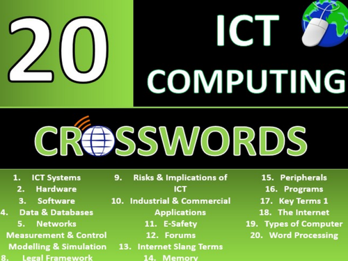 20 x Crosswords ICT Computing GCSE or KS3 Keyword Starters Crossword Activity or Cover Lesson
