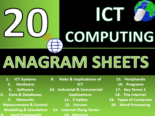 20 x Anagram Sheets ICT Computing GCSE or KS3 Keyword Starters Terms Activity or Cover Lesson