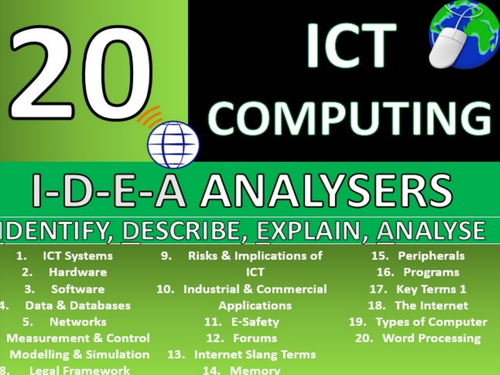 20 x IDEA Analysers ICT Computing GCSE or KS3 Keyword Starters Homework Activity or Cover Lesson