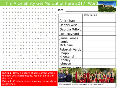 Wordsearch I'm A Celebrity Get Me Out Of Here 2017 Contestants Starter Settler Cover Lesson