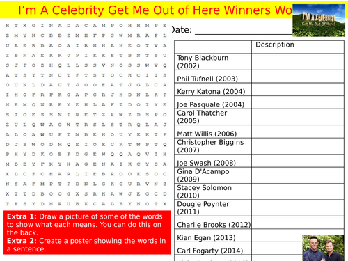 Wordsearch I'm A Celebrity Get Me Out Of Here Winners Starter Settler Cover Lesson
