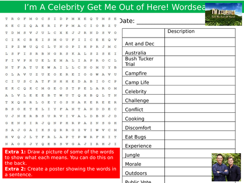 3 x Wordsearches  I'm A Celebrity Get Me Out Of Here Starter Settler Cover Lesson Wordsearch