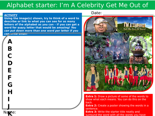 I'm A Celebrity Get Me Out Of Here Alphabet Brainstorm Analyser Starter Settler Cover Lesson