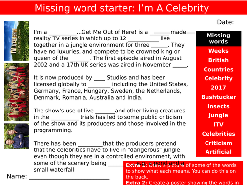 Missing Words Cloze Activity I'm A Celebrity Get Me Out Of Here Starter Settler Cover Lesson
