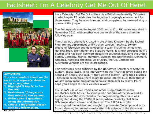 Factsheet Worksheet I'm A Celebrity Get Me Out Of Here Starter Settler Cover Lesson