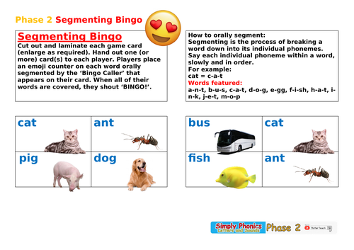 Phase 1 and 2 Phonics Segmenting Bingo