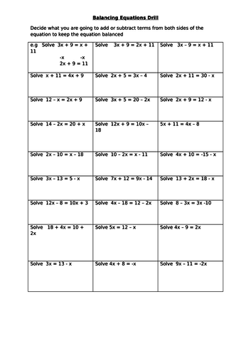 Balancing equations with unknowns on both sides drill