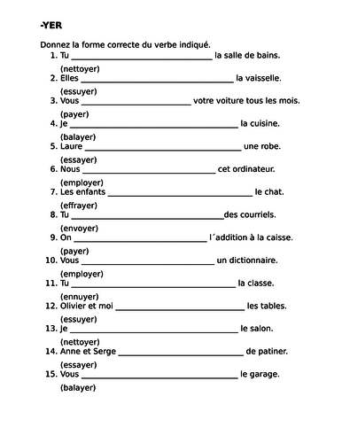 YER Verbs in French Verbes YER Worksheet 2