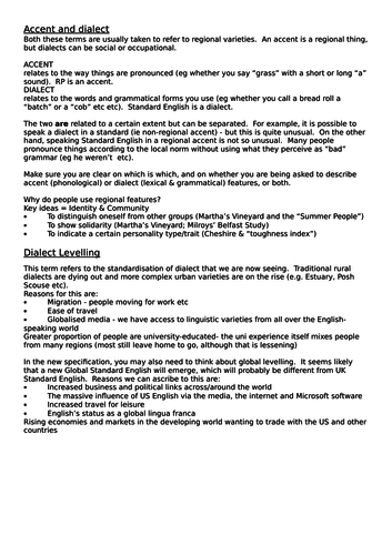 A Level English Language Notes - Accent and Dialect | Teaching Resources