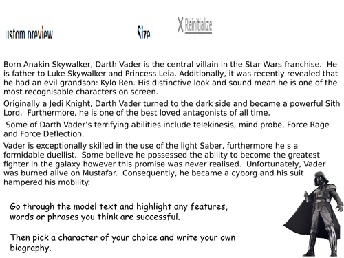 Darth Vader Star Wars Biography model text and task