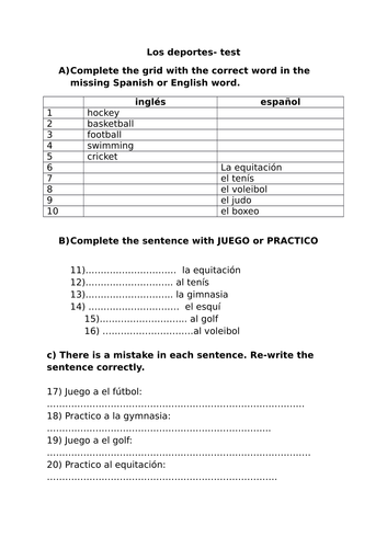 Los deportes Revision Ks3