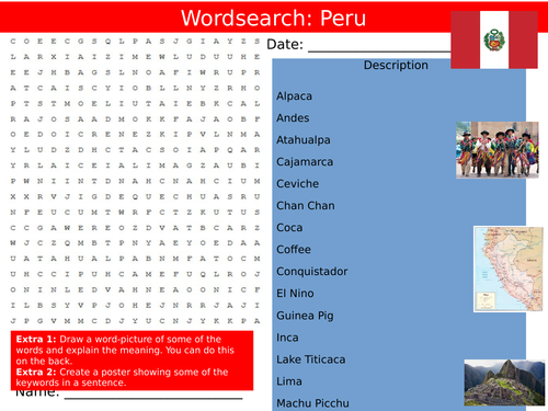 Peru Country Wordsearch Geography Starter Settler Activity Homework Cover Lesson