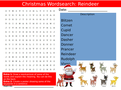 Christmas Reindeer Wordsearch End of Term Quiz Starter Settler Activity Homework Cover Lesson