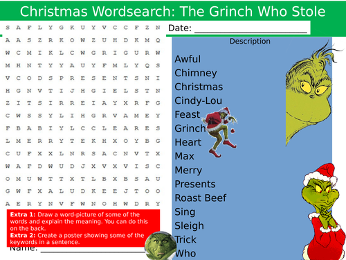 Christmas The Grinch Wordsearch End of Term Quiz Starter Settler Activity Homework Cover Lesson