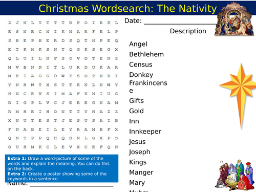 Christmas The Nativity Wordsearch End of Term Quiz Starter Settler Activity Homework Cover Lesson