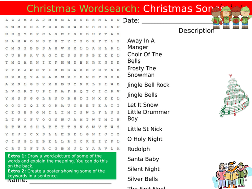 Christmas Songs Wordsearch Music End of Term Quiz Starter Settler Activity Homework Cover Lesson